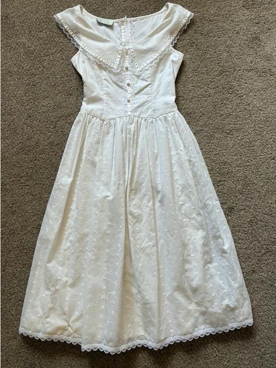 None Dresses & Skirts - White Eyelet Maxi Dress with Lace Collar and Button Front
